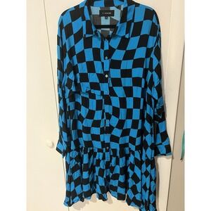 NWT 11 Honore‎ Blue Black Checkered Dress Womens Size 20 Button Up Rayon Blend